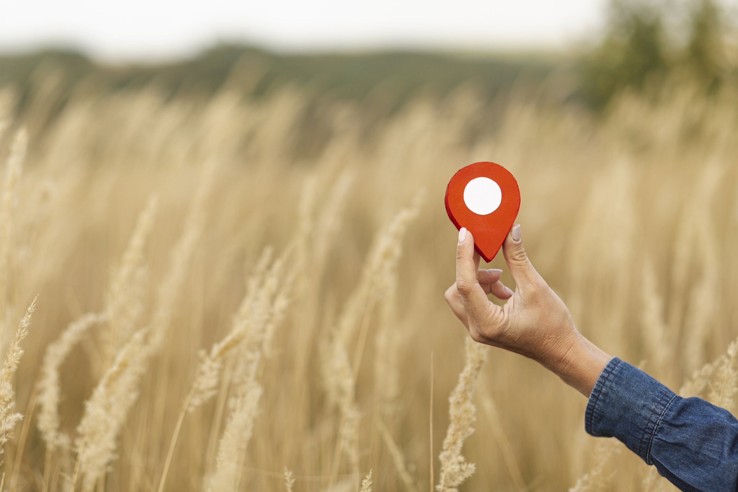 Hand hält eine rote Karte mit einem weißen Punkt vor einem Weizenfeld im Freien.
