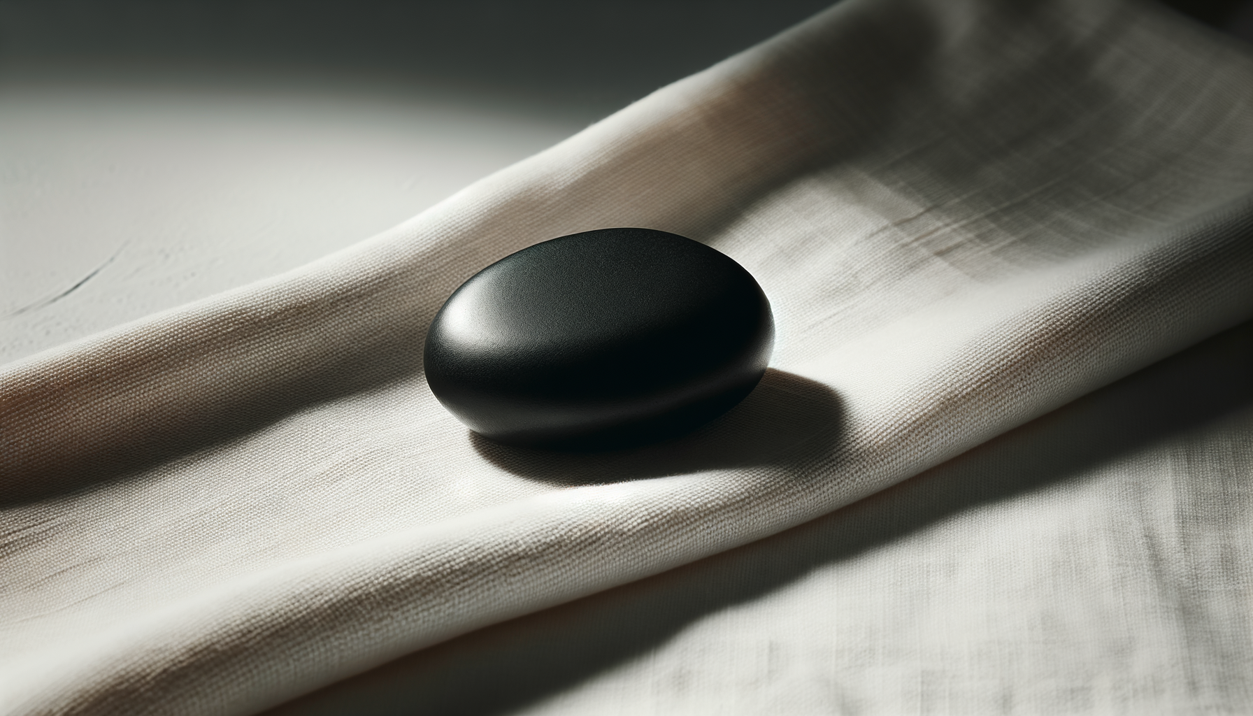 A smooth, black, oval-shaped stone resting on a light-colored, textured fabric surface with shadows cast by natural light.