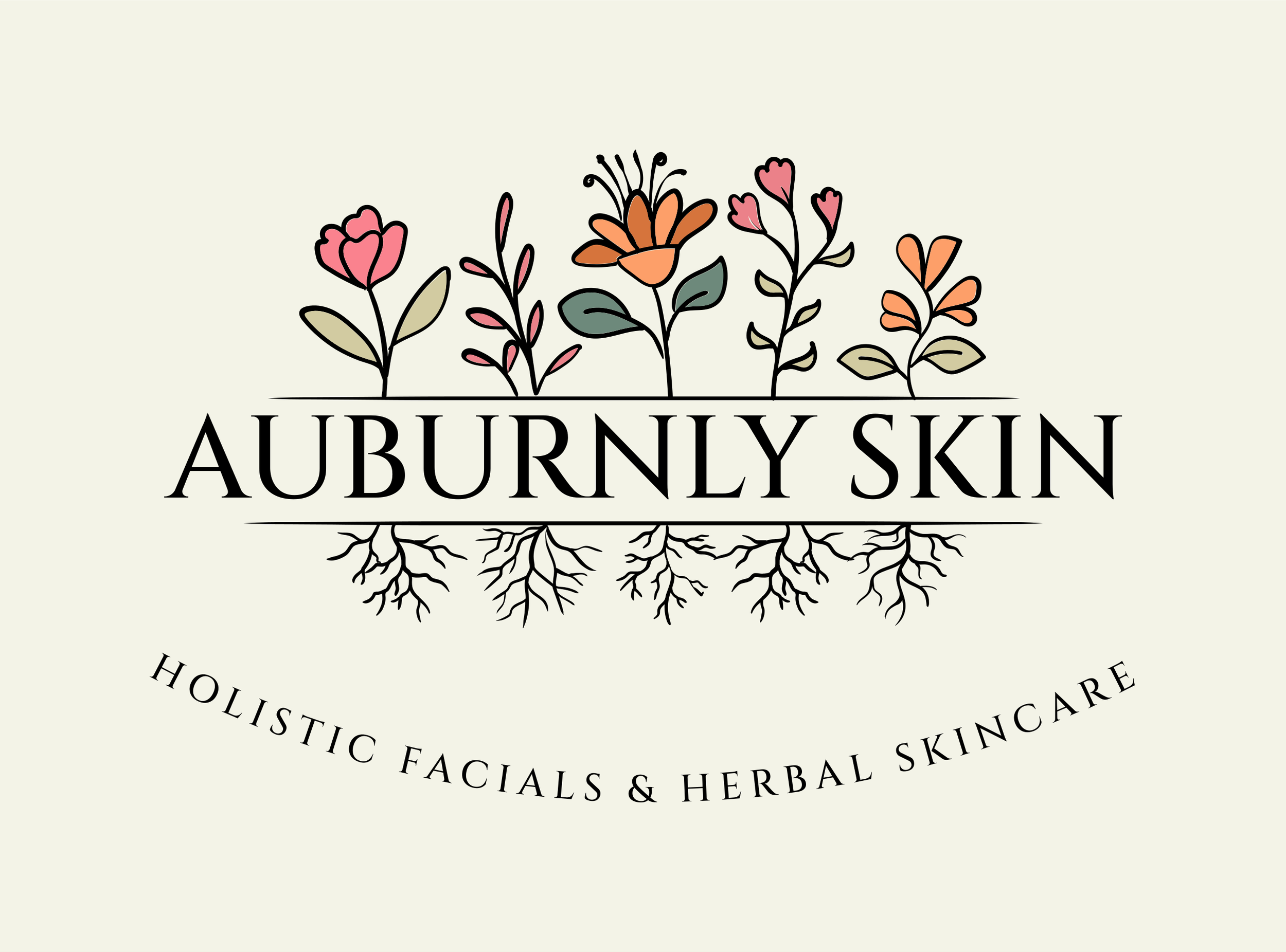 Logo of Auburnly Skin featuring illustrated flowers and roots with the text "Auburnly Skin" and "Holistic Facials & Herbal Skincare" in a circular arrangement.
