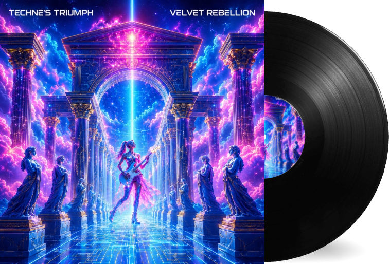 Album cover art featuring a neon-lit, fantasy-inspired scene with a central female figure playing guitar, surrounded by statues on pedestals, set against a cosmic cloudy sky. The title "Techne's Triumph" and "Velvet Rebellion" are displayed at the top.
