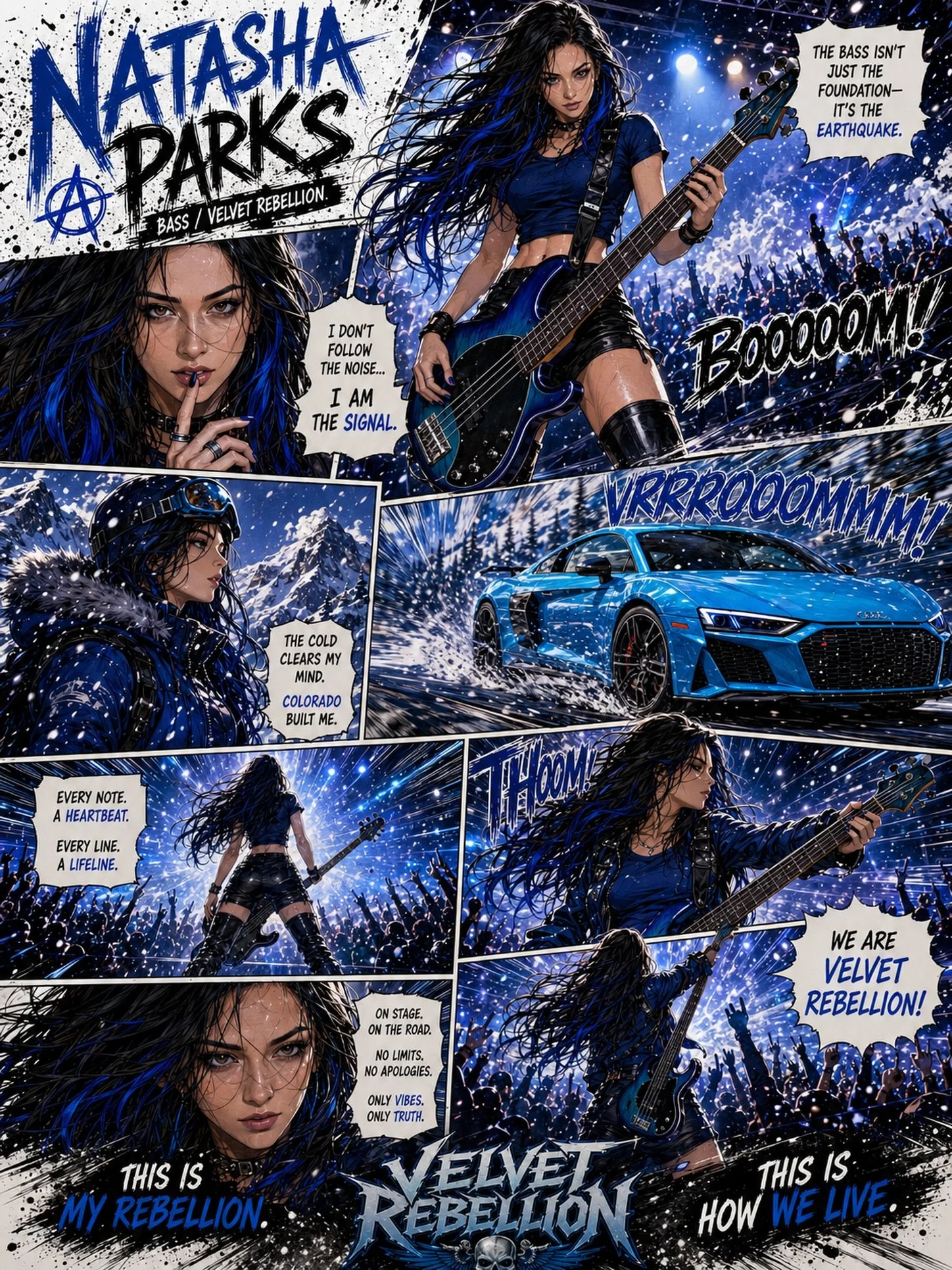 Day 2 of 6.
Natasha&rsquo;s panel lands exactly where she lives: that perfect collision of ice and thunder! ❄️🌩️

The blue hair cutting through the dark like a signal through static. The bass treated like both weapon and heartbeat. Colorado cold cle