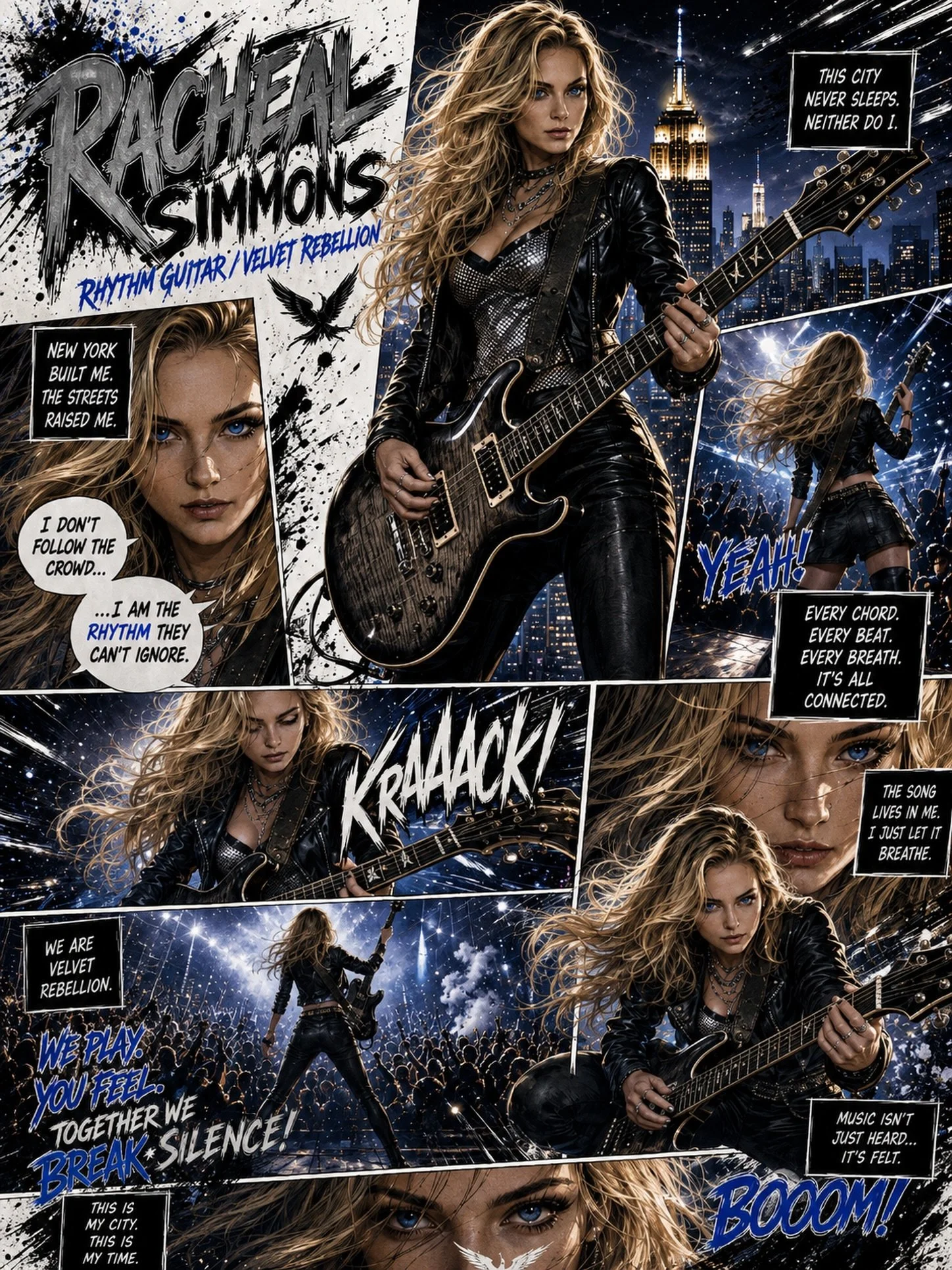 Day 3 of 6.
Racheal&rsquo;s panel feels like her heartbeat set to ink and fire. 🔥 

The New York skyline behind her like it&rsquo;s part of her spine. That leather, the guitar, the way every frame moves with intention; not flash, but weight. 🎸

@ra