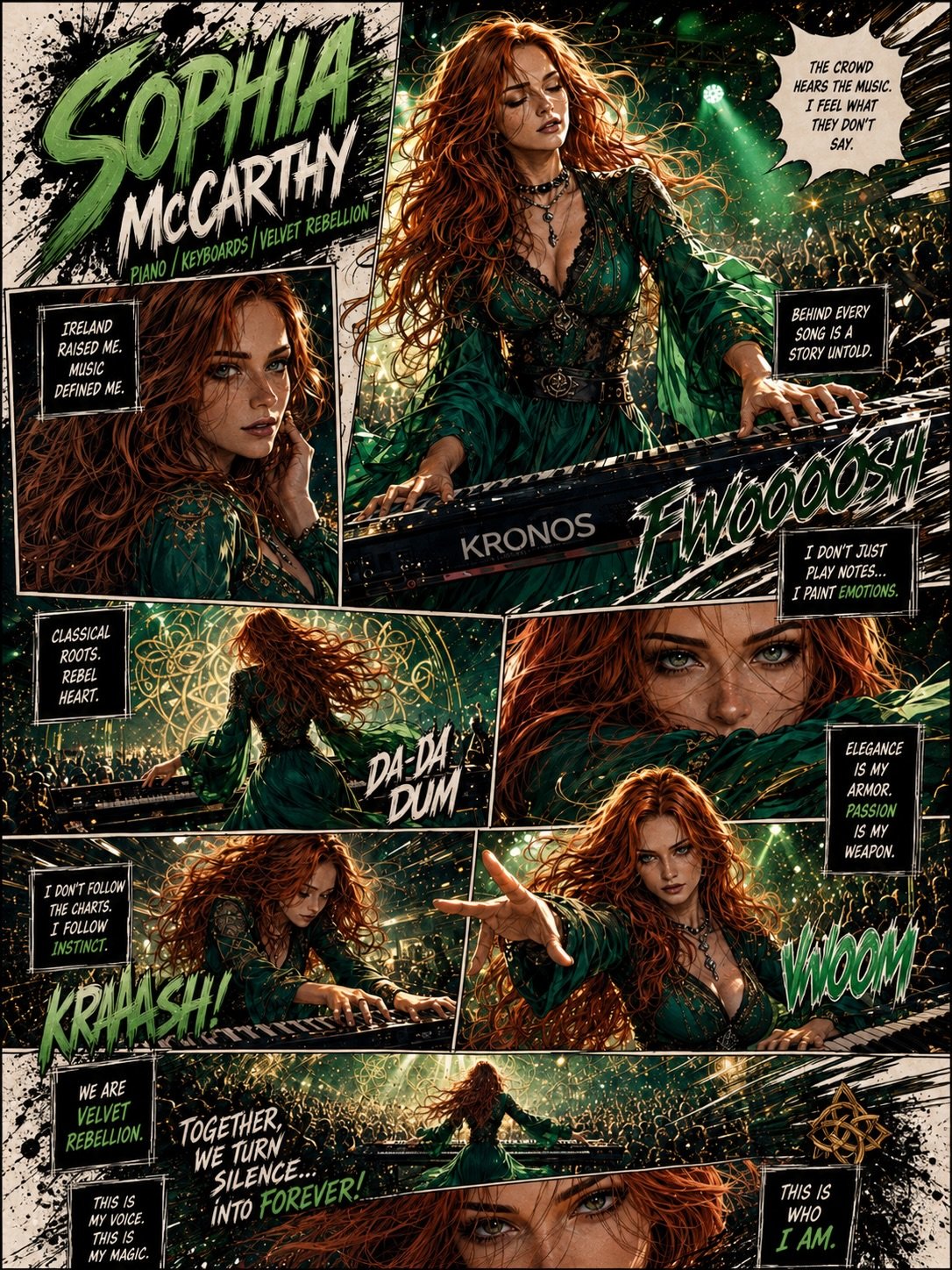 Day 5 of 6.

Sophia&rsquo;s panel feels like stepping into her world: ancient roots meeting future light. The flowing emerald, the wild red hair catching the stage glow like living fire, the keys under her fingers as if she&rsquo;s conducting somethi