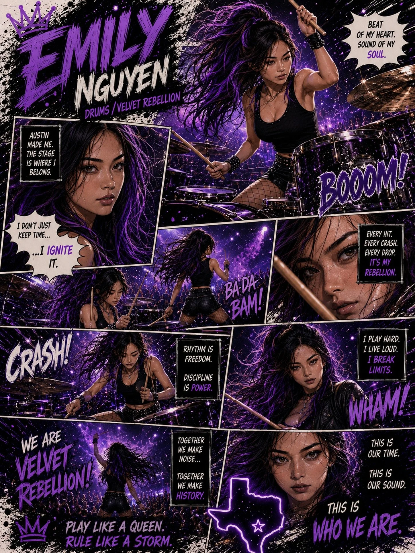 Day 6 of 6. Series complete.

Emily&rsquo;s panel is pure chaos wrapped in precision. exactly who she is! 💜

That violet storm in her hair, the sticks raised like she&rsquo;s about to summon lightning, the Austin skyline glowing behind her like it&r
