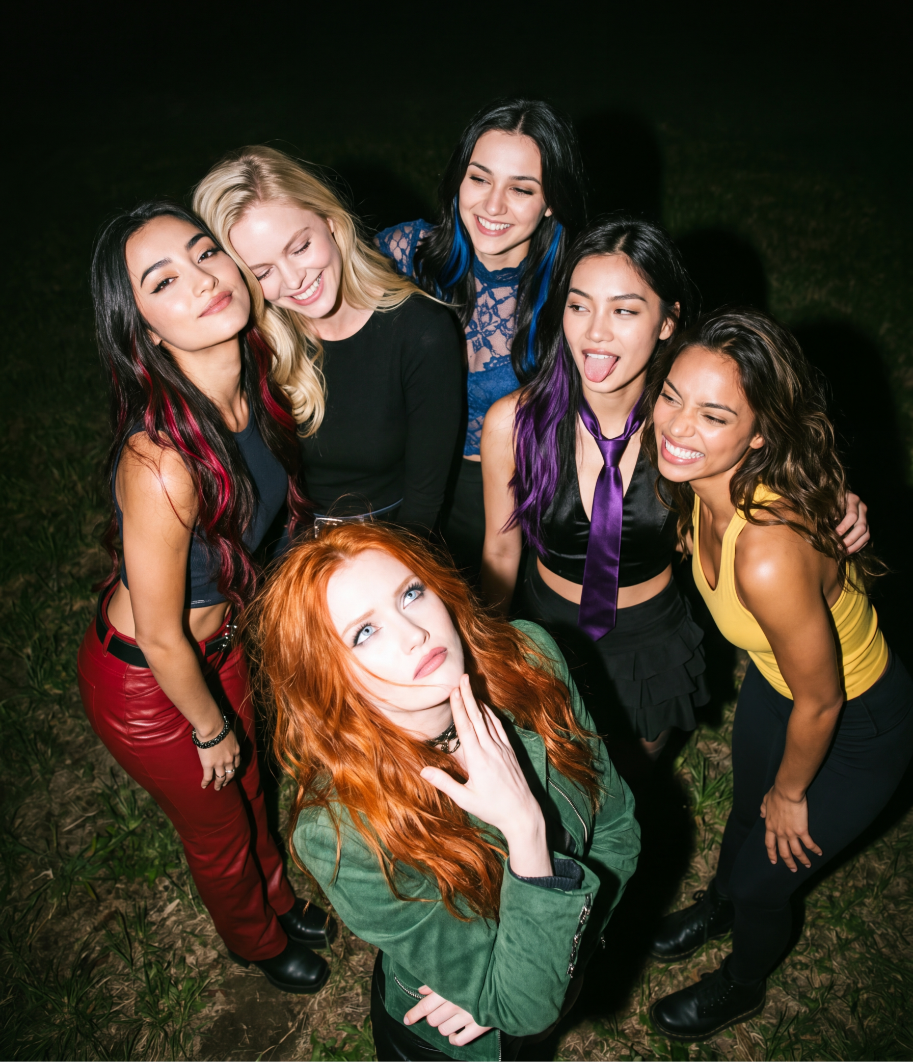 Group of six young women outdoors at night, smiling, making faces, and posing closely together. They have diverse hair colors and styles, and are wearing colorful clothing.