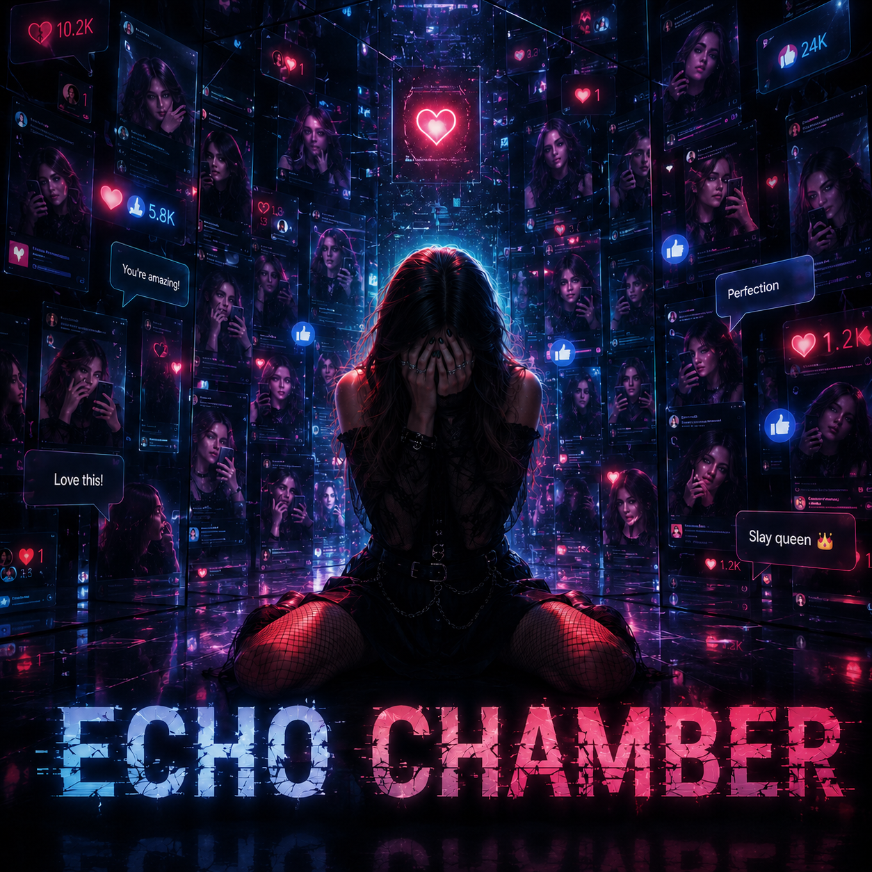 A vicious, modern spiral of feeds, rage loops, curated thought, and algorithmic self-worship. The song captures the horror of mistaking repetition for truth, until every voice sounds like your own and the walls feel like choice.