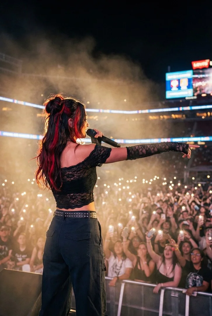 A female singer with long, dark hair with red highlights performs on stage at a concert, pointing towards the audience while holding a microphone. The crowd is visible in the background, many holding up their phones with lights on. The stage is illuminated with warm lighting and smoke effects.