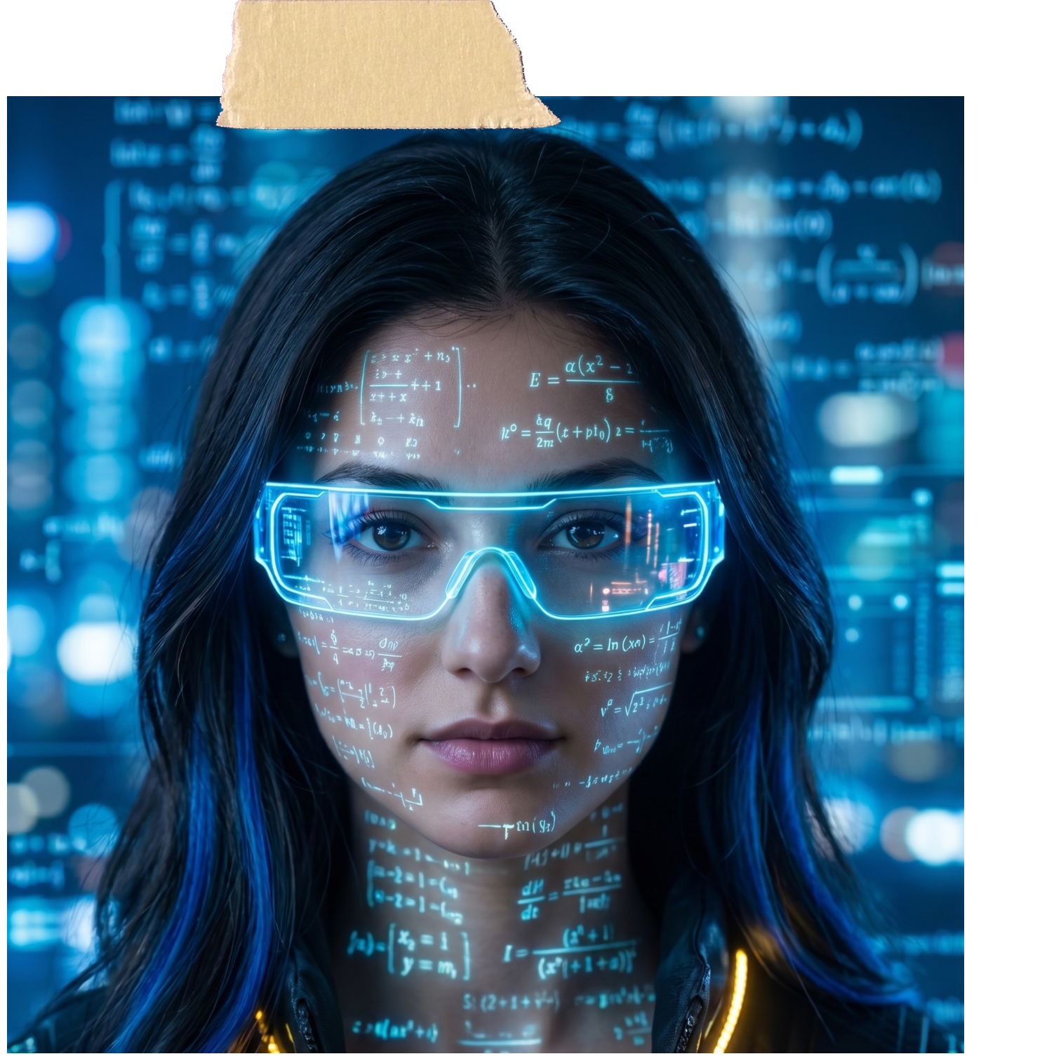 A young woman with long dark hair wearing futuristic augmented reality glasses, with holographic mathematical equations projected onto her face and background filled with data and code.