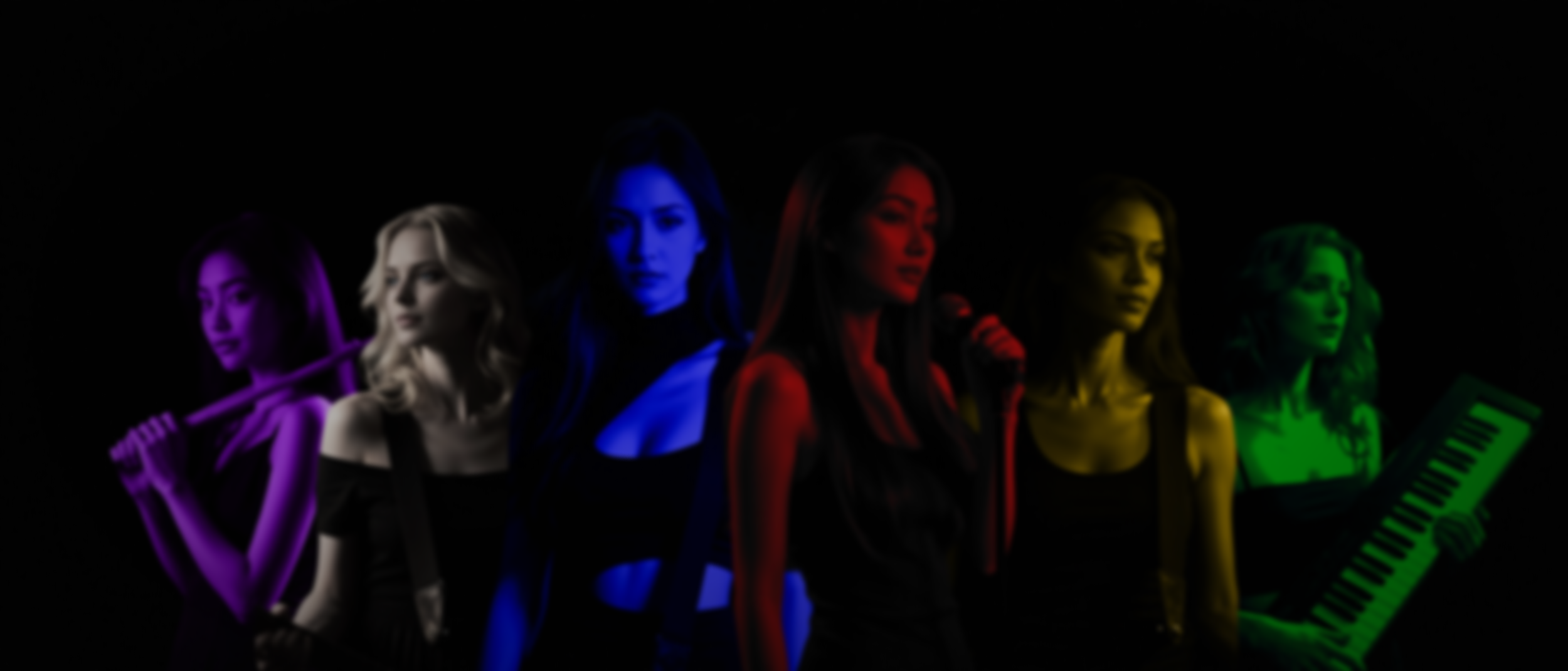 Group of five women standing in a line with colorful lighting, each holding musical or performance-related items, in front of a black background.