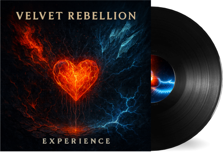 Album cover for Vanguard Rebellion's "Experience" featuring a fiery heart with lightning, a vinyl record, and cosmic background.
