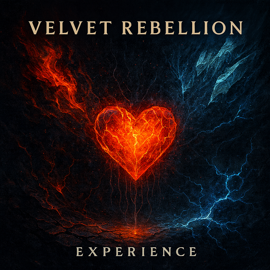 Album cover for Velvet Rebellion featuring a glowing, fiery heart with red and blue lightning effects.