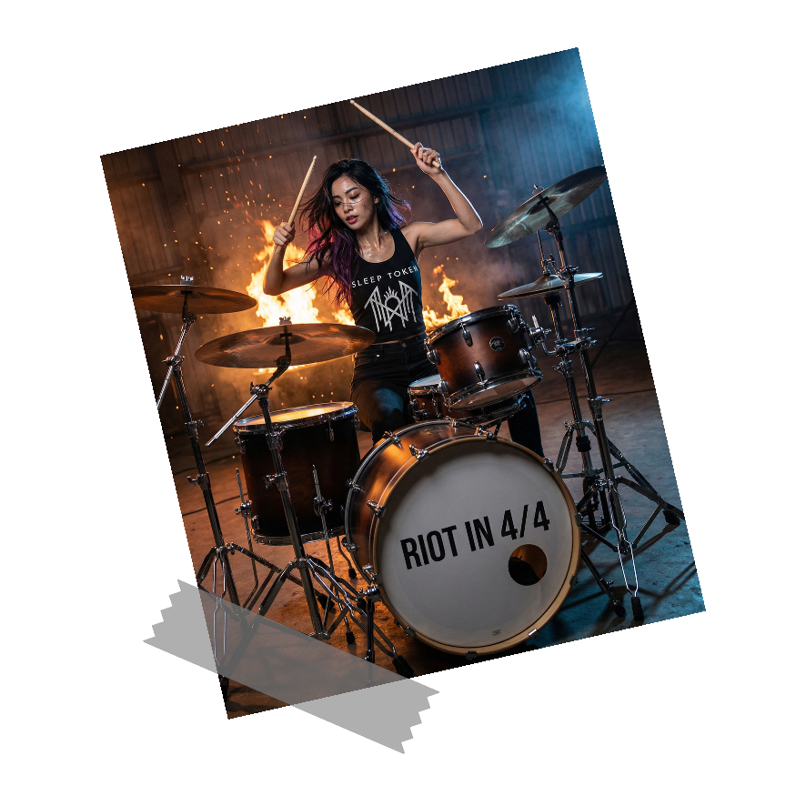 A woman plays drums in a warehouse-like setting with flames in the background and sparks flying, wearing a tank top that says 'Sleep Token' and a shirt with a band logo, with a drum set labeled 'RIOT IN 4/4'.