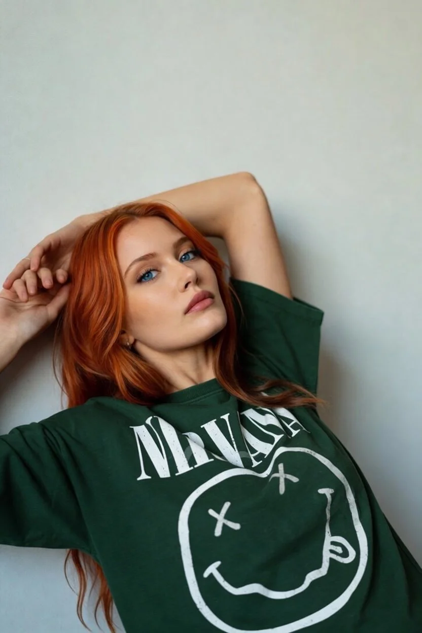 A woman with long red hair and blue eyes lying against a white wall, wearing a green T-shirt with a graphic of a smiley face and the band Nirvana logo.