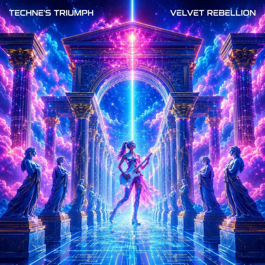 A futuristic, neon-lit scene of a woman with a guitar dancing in a grand hall surrounded by statues, with glowing clouds and a celestial sky in the background.