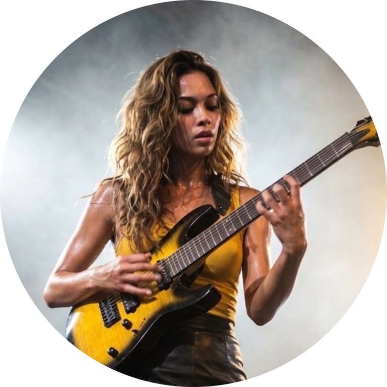 A young woman with curly hair playing an electric guitar on stage.