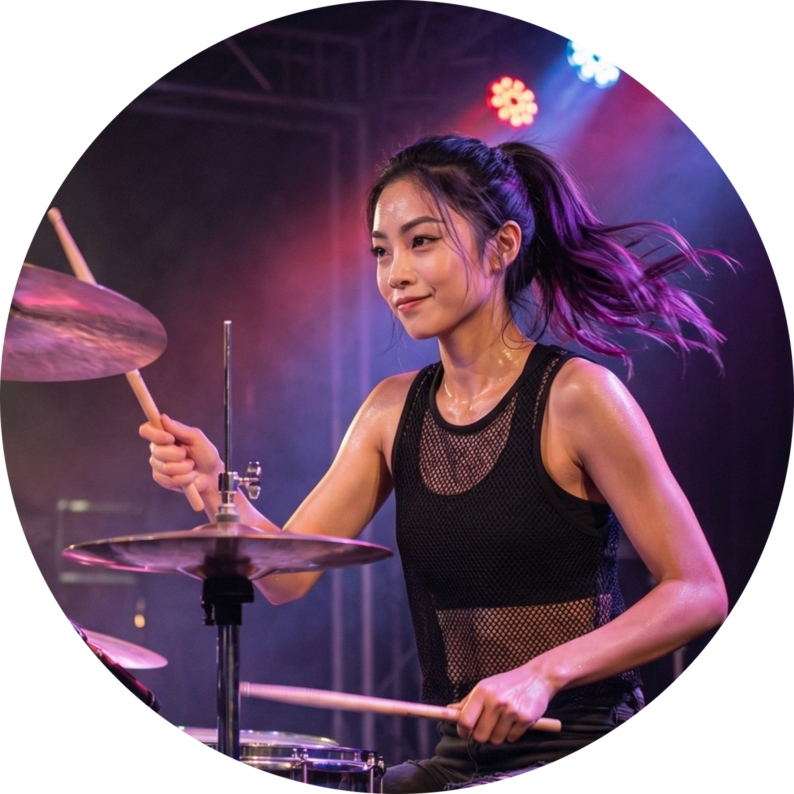 A young woman with purple hair tied in a ponytail playing drums on stage with colorful lights in the background.
