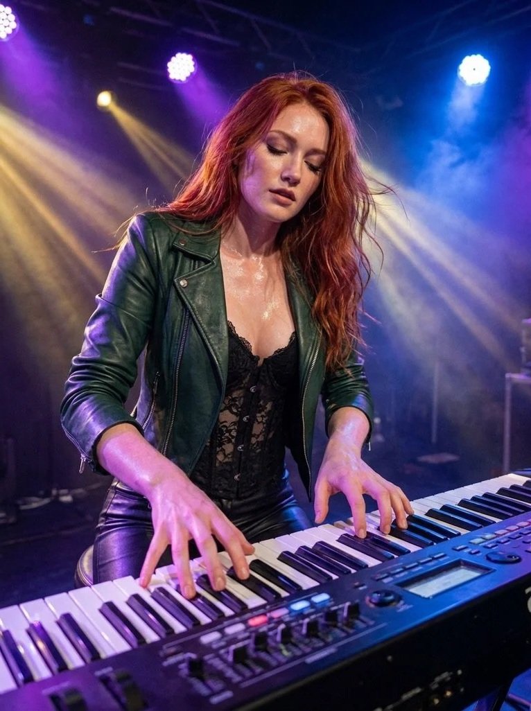A woman with red hair playing a keyboard on stage with colorful spotlights.