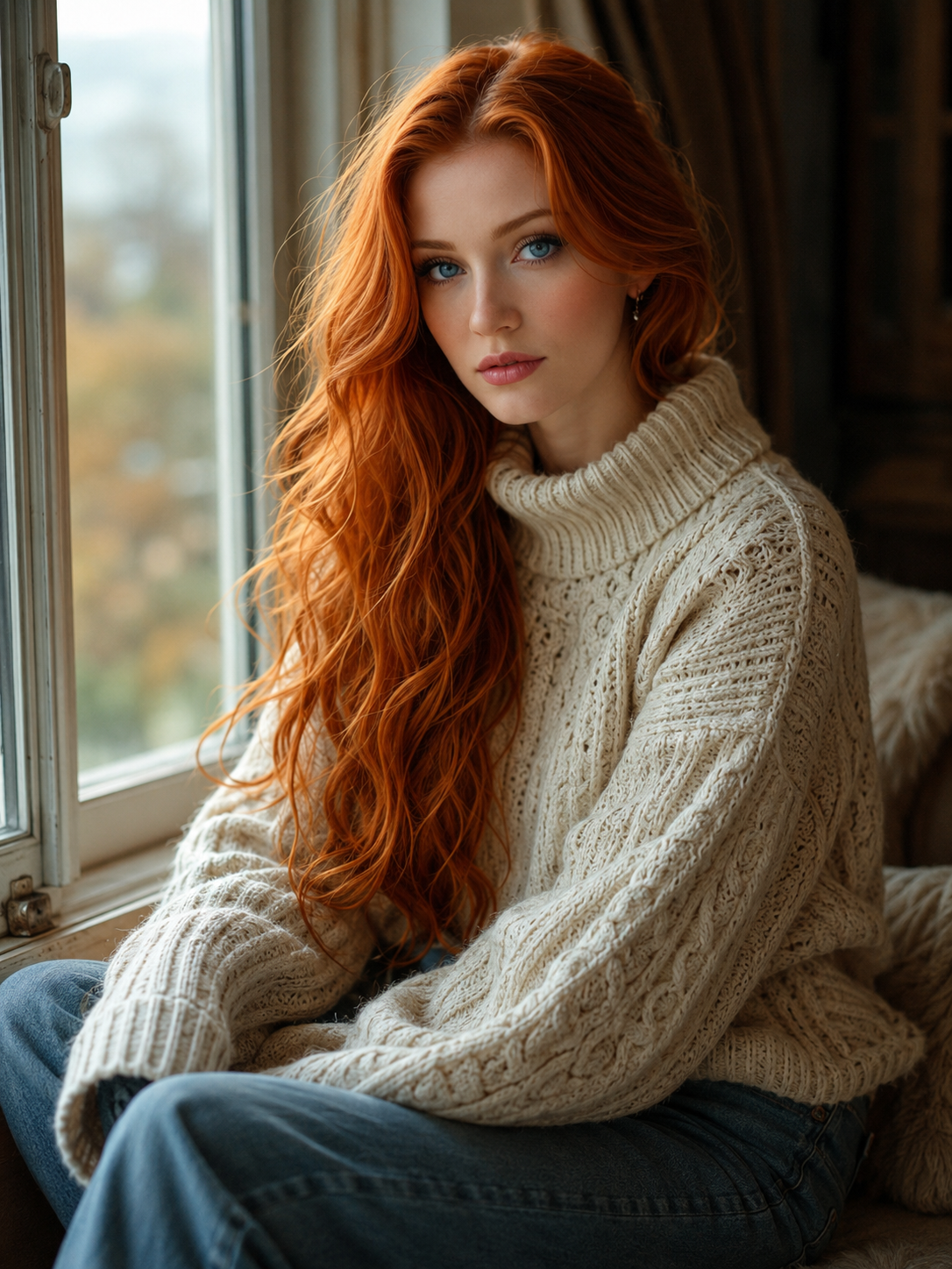 A young woman with long red hair and blue eyes sits by a window wearing a chunky beige knit sweater and blue jeans, with a blurred autumn landscape outside.