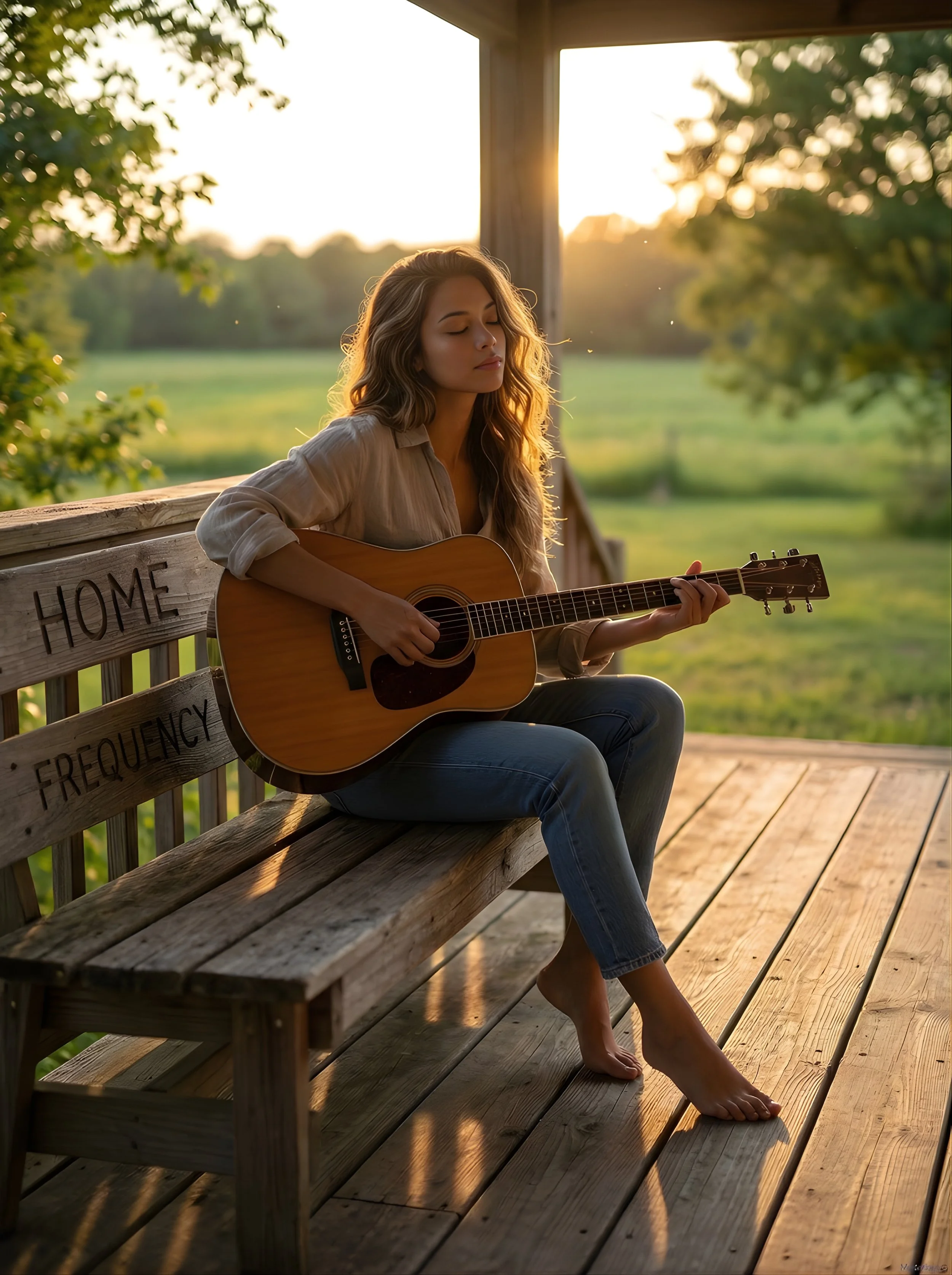 A young woman with long wavy hair sitting on a wooden bench playing an acoustic guitar in a rural setting during sunset, with trees and open fields in the background.