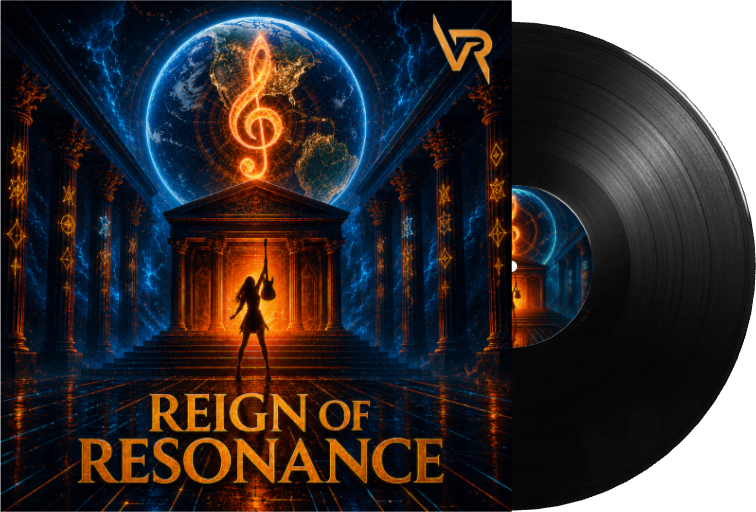 Digital artwork featuring a female violinist silhouette on steps of an ancient temple with electric blue pillars, a glowing treble clef and a globe, with a vinyl record partially visible on the right and the text 'Reign of Resonance' at the bottom.