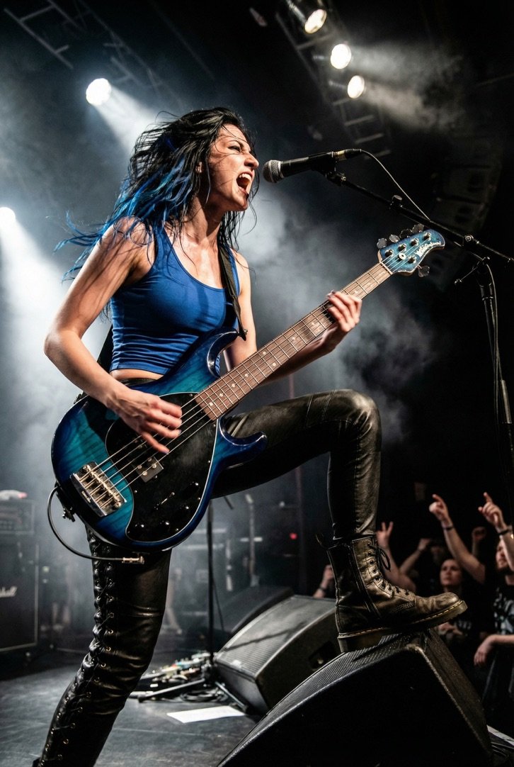 A female musician passionately singing and playing an electric guitar on stage during a concert with stage lights and an audience in the background.