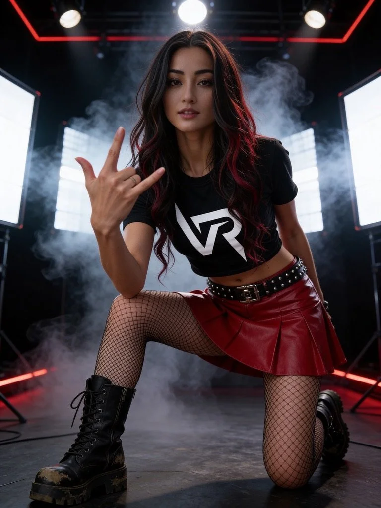Young woman with long dark hair and red highlights posing with rock hand sign on stage with smoke and bright lights in the background