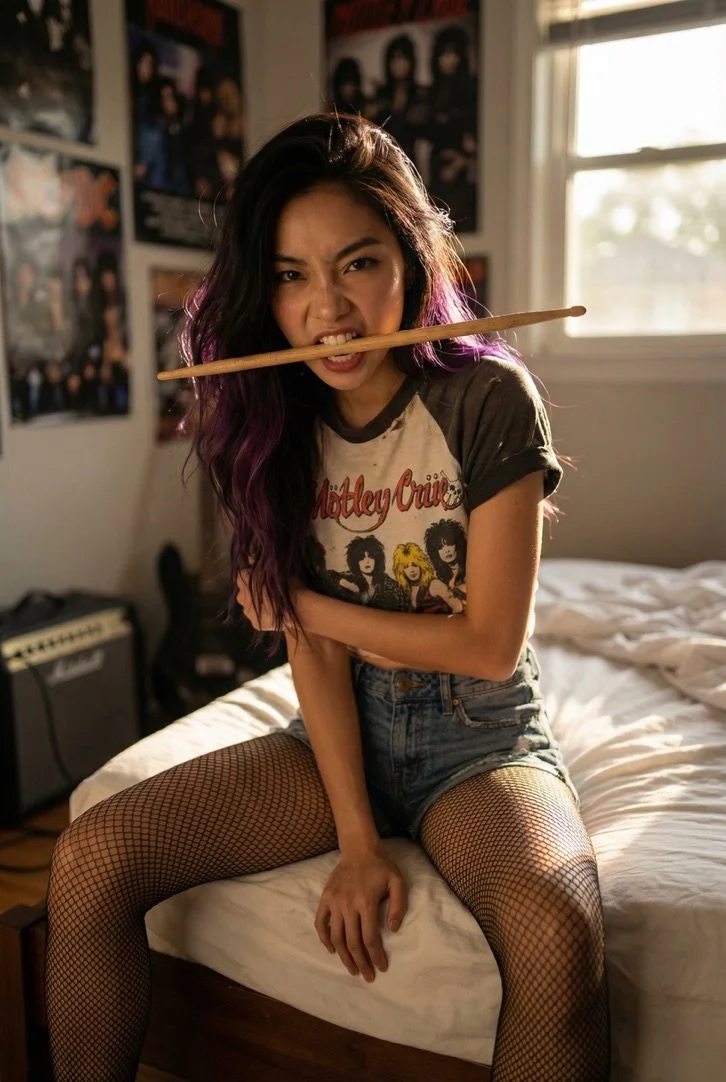 A young woman with black and purple hair sitting on a bed, holding a drumstick in her mouth, wearing a Catchy Cruiser T-shirt, denim shorts, and fishnet stockings in a bedroom with posters on the wall and sunlight coming through the window.