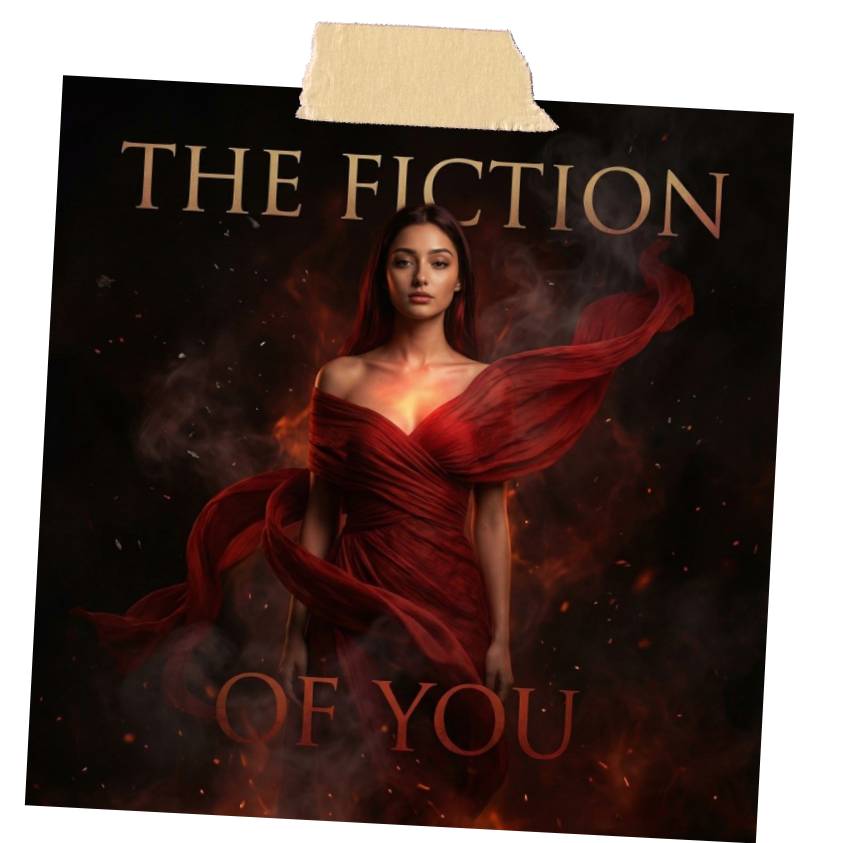 Poster featuring a woman in a flowing red dress, with flames and smoke in the background. The text reads, 'The Fiction of You.'