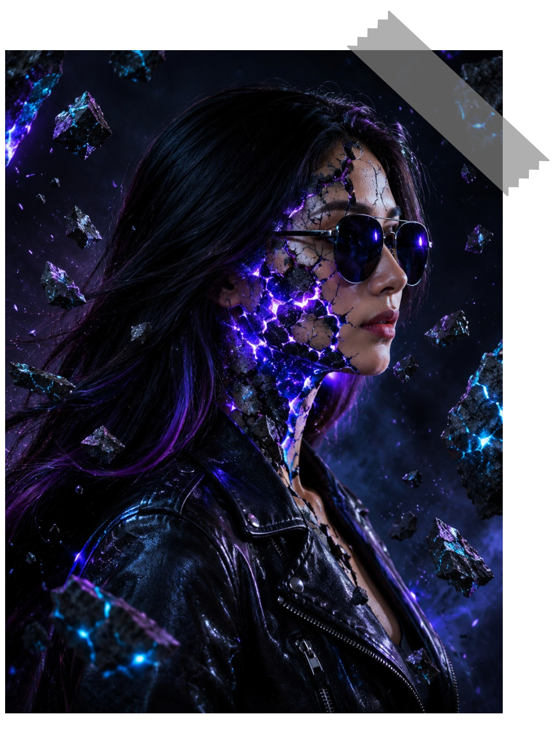 A woman with long dark hair wearing sunglasses and a black leather jacket, surrounded by floating rocks and purple lightning effects, with a cracked and glowing facial appearance.