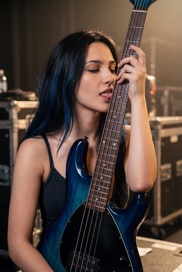 A young woman with long black hair with blue highlights is holding a blue electric bass guitar, licking her lips with her eyes closed, and posing in a music studio or backstage area.