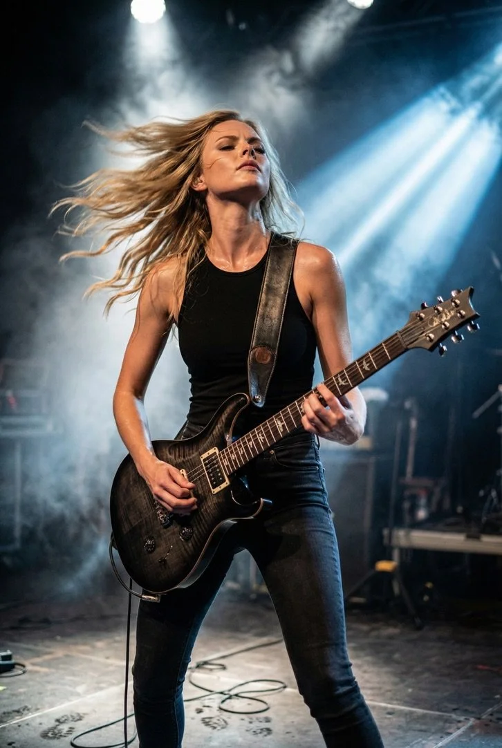 A woman playing an electric guitar on stage with dramatic lighting and hair blowing.