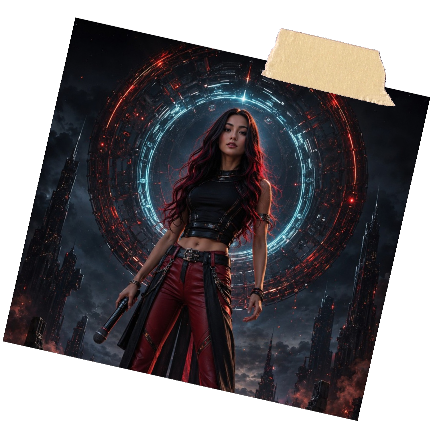 A young woman with long black and red hair standing in front of a futuristic cityscape with tall buildings and a circular glowing digital portal. She is holding a firearm in her right hand and has a serious expression.