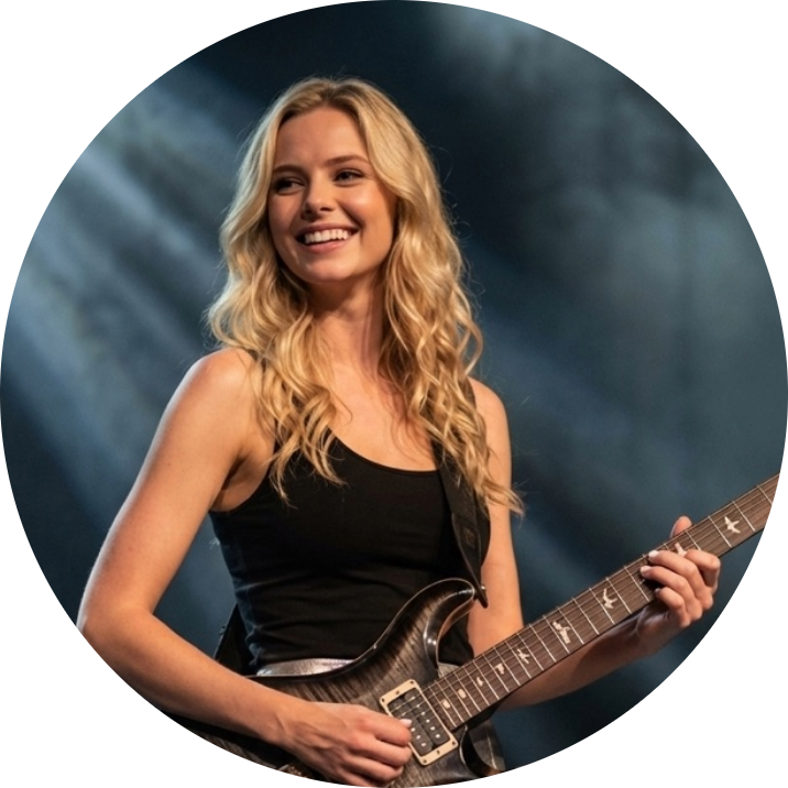 A young woman with long blonde hair smiling and holding an electric guitar, standing on a stage with a dark background.