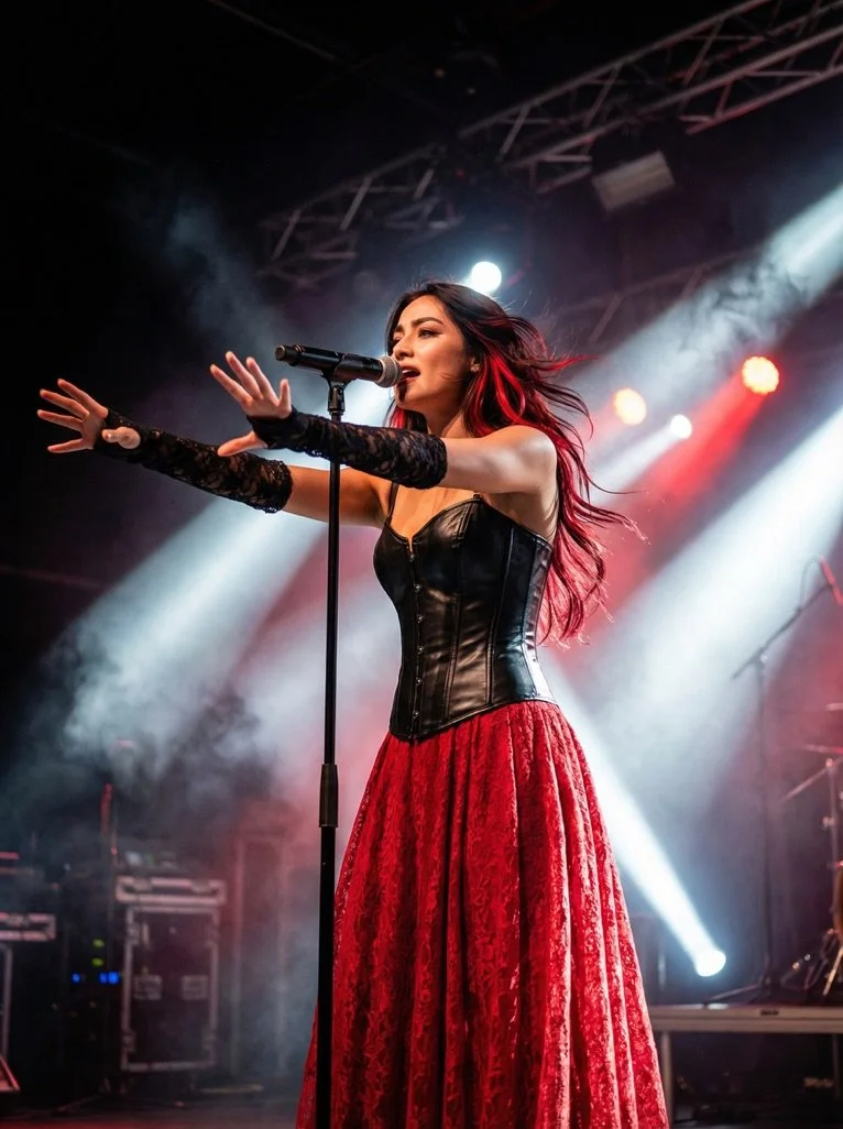 A female singer with long red hair and tattoos sings on stage into a microphone, wearing a black leather corset and a long red lace skirt, with stage lights shining behind her.