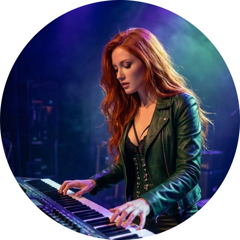 A woman with long red hair playing a keyboard on stage, wearing a black leather jacket and a black top with straps, under colorful stage lighting.