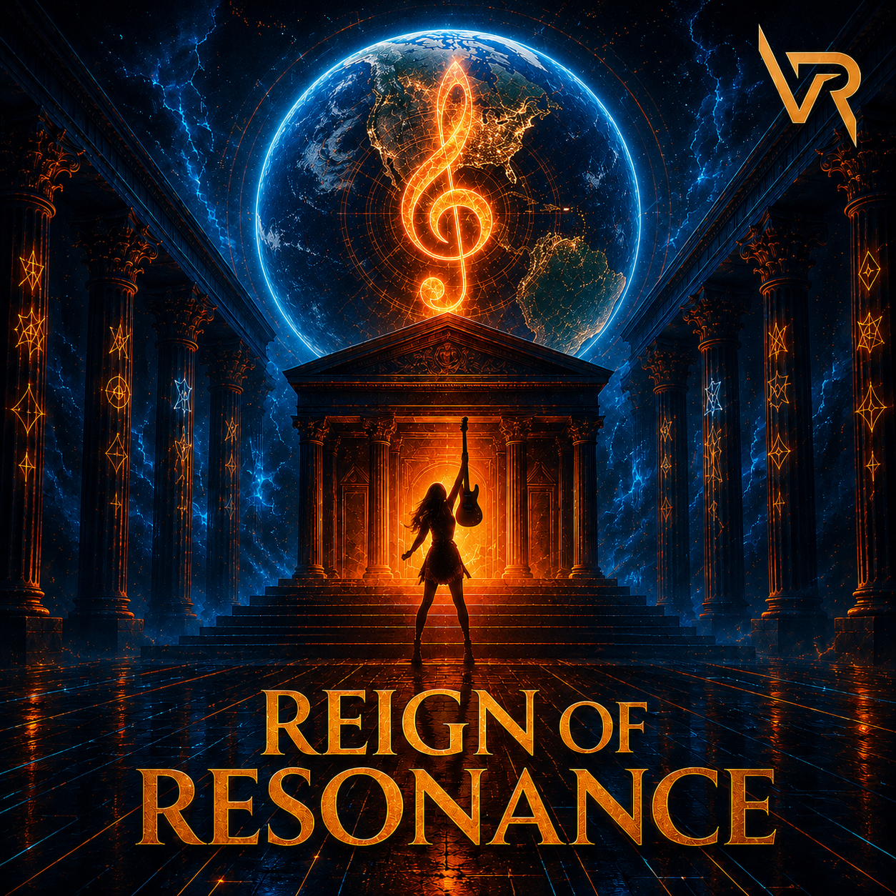 A woman holding a guitar raises her hand in front of an ancient temple with glowing columns and stairs, under a cosmic sky with lightning, a glowing Earth, and a large musical note symbol, with the text 'Reign of Resonance' at the bottom.