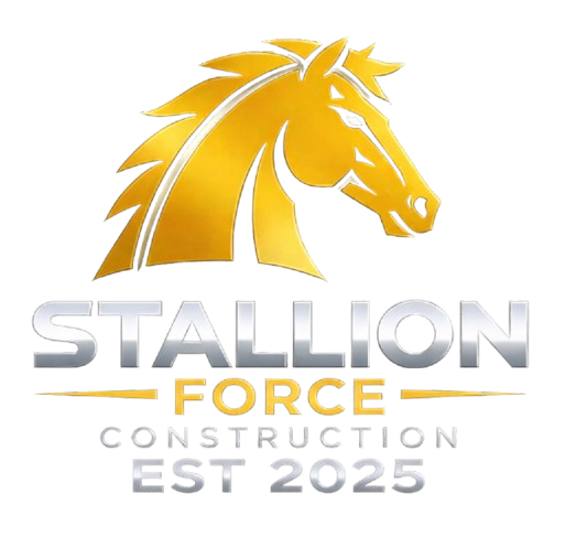 Logo featuring a stylized, golden horse's head and mane, with text reading "Stallion Force Construction Est. 2025" in metallic and colored fonts.