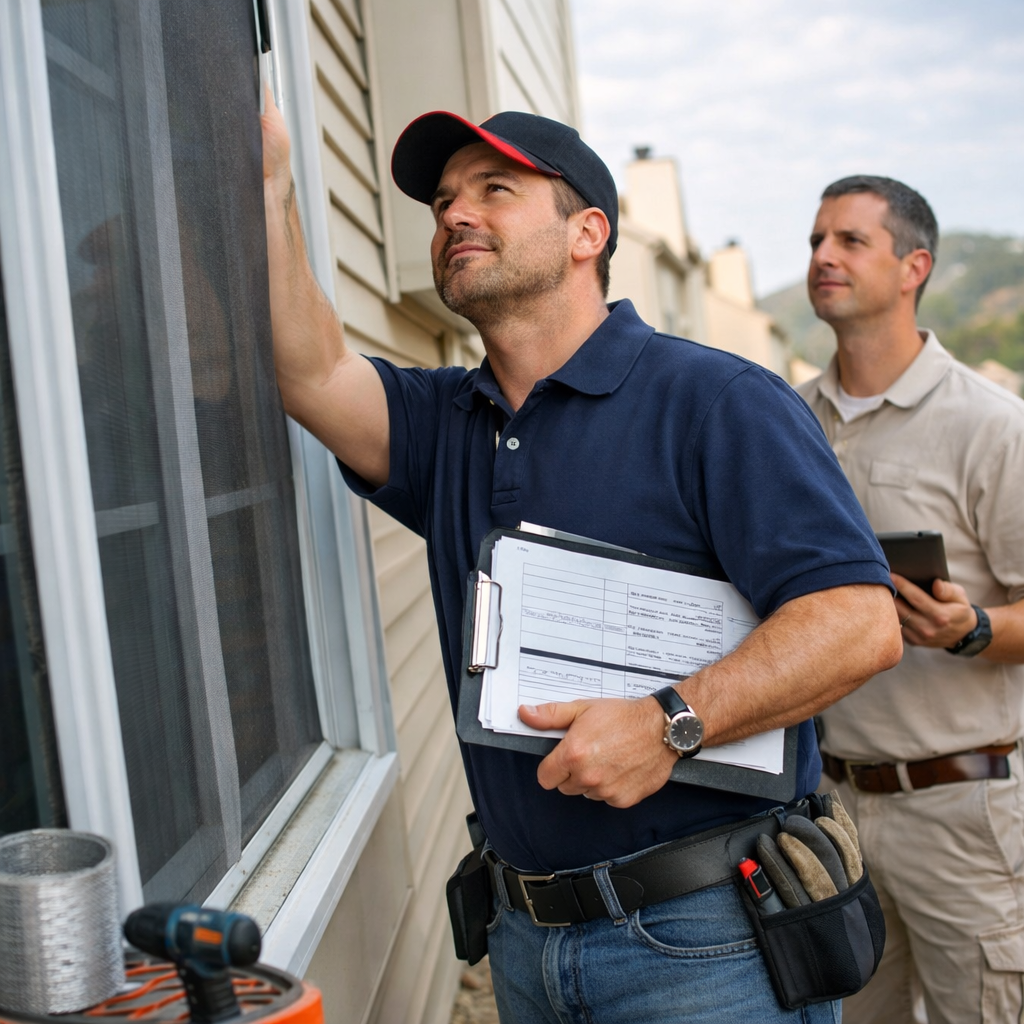 A man wearing a navy blue polo shirt and cap inspecting a window on a house, holding a clipboard with papers. Another man dressed in beige is standing behind him with a tablet in hand. The setting appears to be a residential neighborhood with hills in the background.