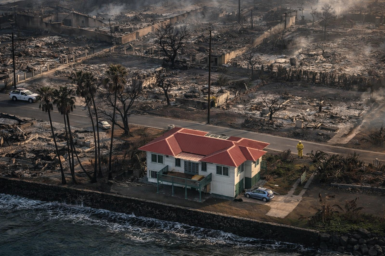 A house with a red roof near the ocean, surrounded by extensive wildfire destruction with burned trees and debris. A firefighter is present on the street.