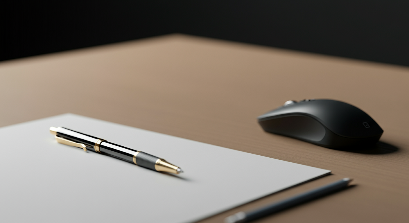 A black and gold pen resting on a white sheet of paper on a wooden desk, with a black computer mouse nearby.