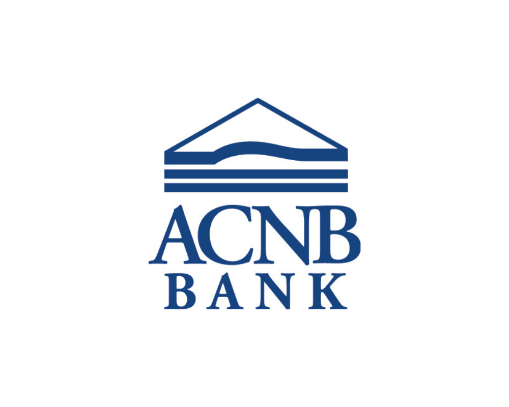 Logo of ACNB Bank featuring a stylized building with a roofline and three horizontal lines beneath it, with the bank's name beneath the design.