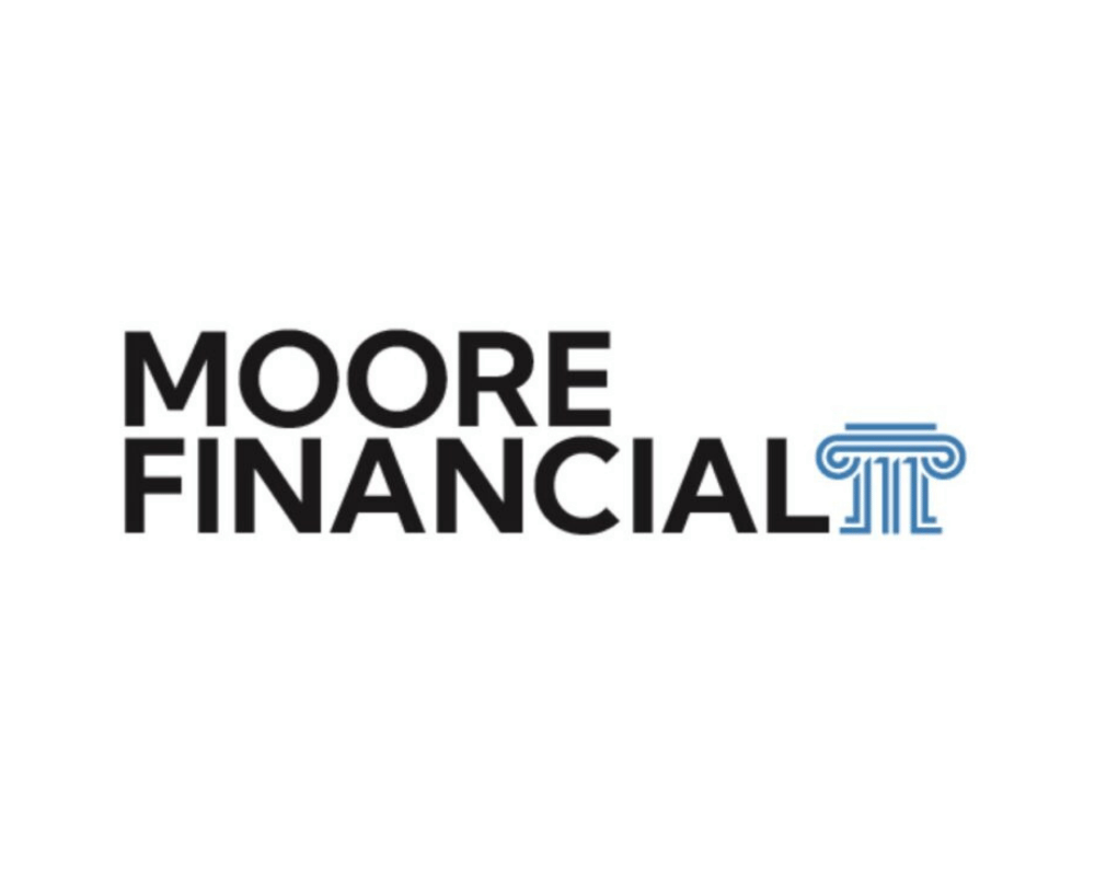 Logo for Moore Financial featuring the company name in black text and a blue classical column design next to it.