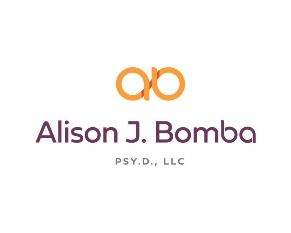 Logo featuring stylized initials 'ab' in orange, with the name 'Alison J. Bomba' and the credentials 'PSY.D., LLC' underneath, on a white background.