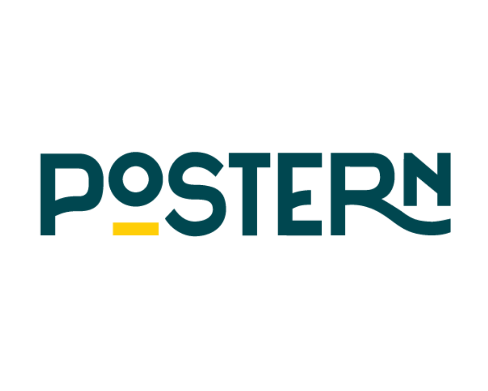 Logo with the word POSTERN in uppercase letters, with a wavy underline beneath the last letter and a small yellow rectangle below the 'O'
