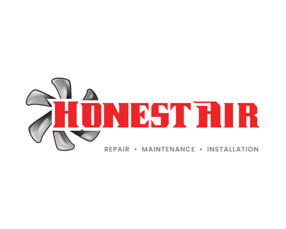 Honest Air logo with a black, white, and gray abstract icon resembling an airplane propeller, and red text for the brand name, with gray tagline 'REPAIR, MAINTENANCE, INSTALLATION' underneath.
