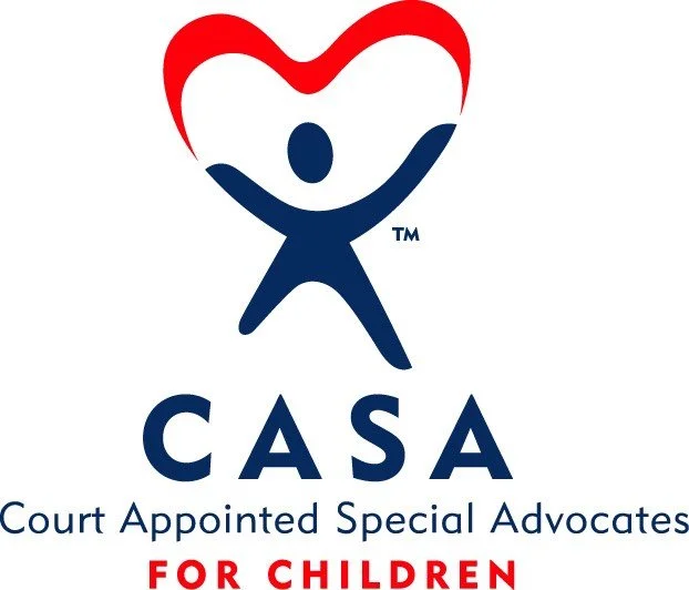 Logo for CASA, Court Appointed Special Advocates for Children, featuring a person with raised arms inside a heart, with the text 'CASA' and 'Court Appointed Special Advocates for Children' below, and 'FOR CHILDREN' in red.