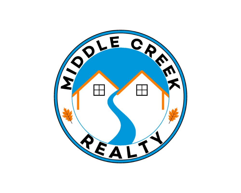 Logo for Middle Creek Realty featuring two houses with orange roofs separated by a creek and two orange leaves.
