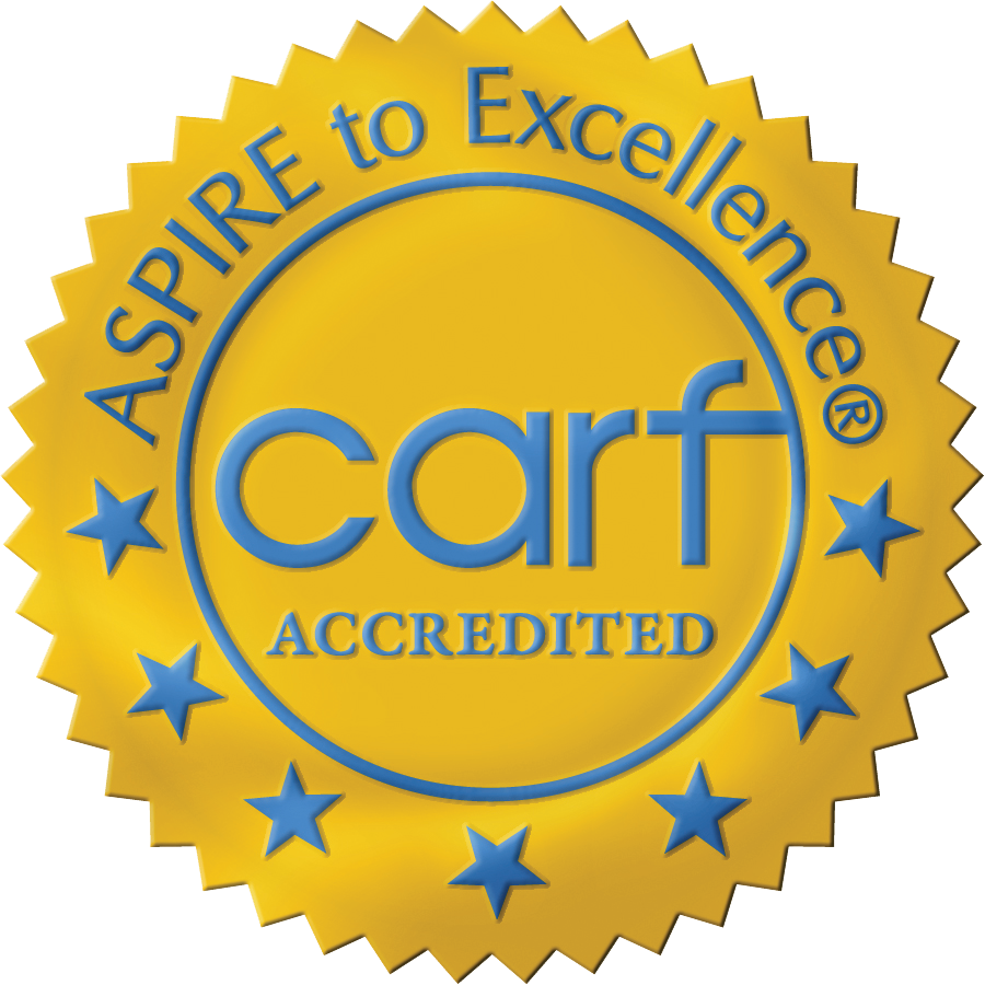 CARF accreditation logo that says "Aspire to Excellence"