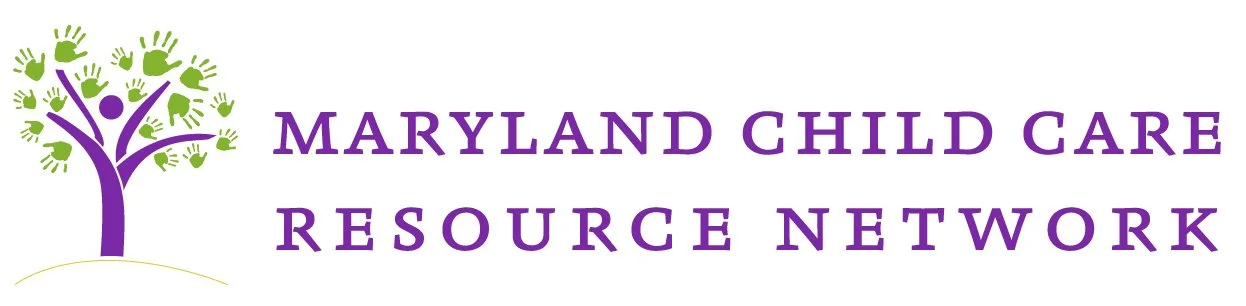 Logo of Maryland Child Care Resource Network featuring a purple tree with green hand-shaped leaves.
