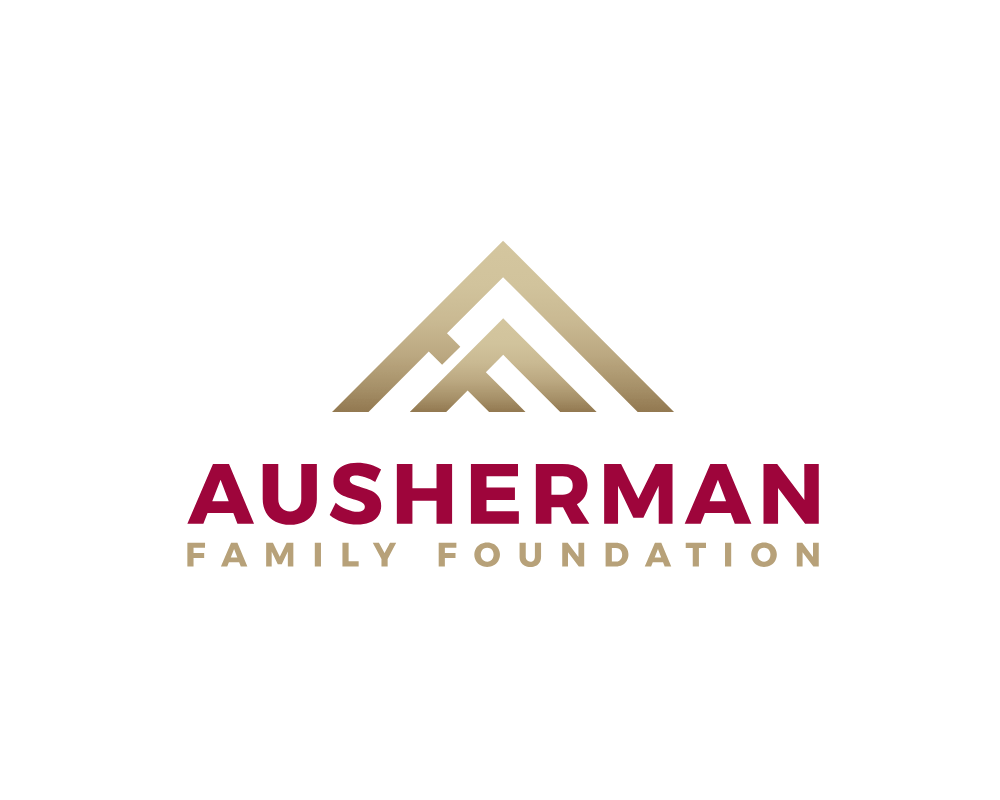 Logo of Ausherman Family Foundation featuring stylized mountain peaks in beige and purple text.